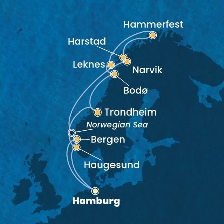 Nemecko, Nórsko, Trondheim z Hamburgu na lodi Costa Favolosa