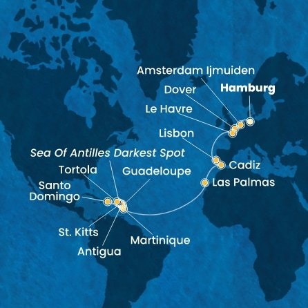 Nemecko, Holandsko, Veľká Británia, Francie, Portugalsko, Španielsko, Martinik, Guadeloupe, Svätý Krištof a Nevis, Antigua a Barbuda, Britské Panenské ostrovy, Dominikánska republika z Hamburgu na lodi Costa Favolosa
