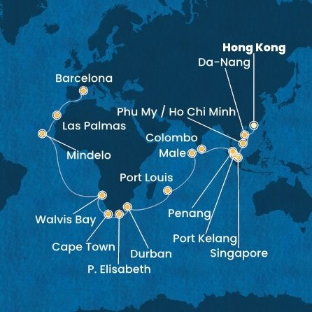 Čína, Vietnam, Singapur, Malajzia, Srí Lanka, Maledivy, Maurícius, Juhoafrická republika, Namíbia, Kapverdy, Španielsko z Hong Kongu na lodi Costa Deliziosa