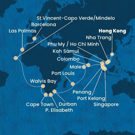 Čína, Vietnam, Thajsko, Singapur, Malajzia, Srí Lanka, Maledivy, Maurícius, Juhoafrická republika, Namíbia, Kapverdy, Španielsko z Hong Kongu na lodi Costa Deliziosa