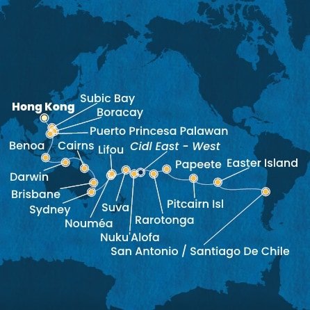 Čína, Filipíny, Indonézia, Austrália, Nová Kaledonie, Fiji, Tonga, , Cookovy ostrovy, Francouzská Polynésie, Zámořské území Velké Británie, Chile z Hong Kongu na lodi Costa Serena