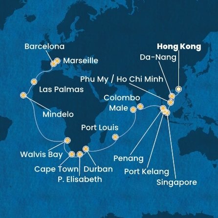 Čína, Vietnam, Singapur, Malajzia, Srí Lanka, Maledivy, Maurícius, Juhoafrická republika, Namíbia, Kapverdy, Španielsko, Francúzsko z Hong Kongu na lodi Costa Deliziosa