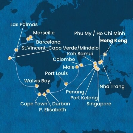 Čína, Vietnam, Thajsko, Singapur, Malajzia, Srí Lanka, Maledivy, Maurícius, Juhoafrická republika, Namíbia, Kapverdy, Španielsko, Francúzsko z Hong Kongu na lodi Costa Deliziosa