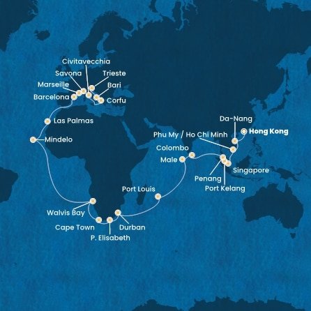 Čína, Vietnam, Singapur, Malajzia, Srí Lanka, Maledivy, Maurícius, Juhoafrická republika, Namíbia, Kapverdy, Španielsko, Francúzsko, Taliansko, Grécko z Hong Kongu na lodi Costa Deliziosa