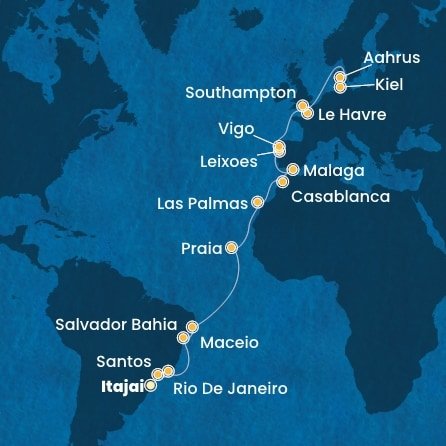 Brazília, Kapverdy, Španielsko, Maroko, Portugalsko, Francie, Veľká Británia, Dánsko, Nemecko na lodi Costa Diadema