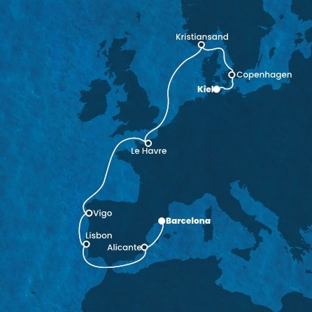 Nemecko, Dánsko, Nórsko, Francie, Španielsko, Portugalsko z Kielu na lodi Costa Diadema