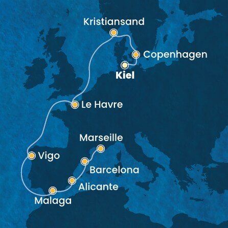 Nemecko, Dánsko, Nórsko, Francie, Španielsko, Francúzsko z Kielu na lodi Costa Diadema