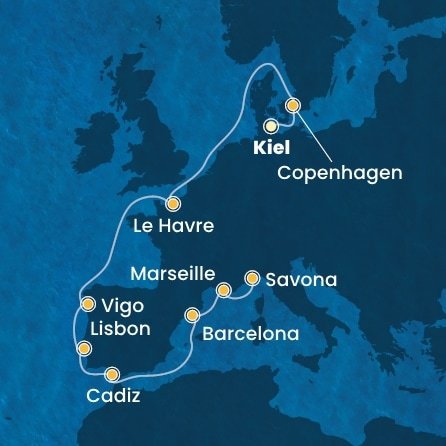 Nemecko, Dánsko, Francie, Španielsko, Portugalsko, Francúzsko, Taliansko z Kielu na lodi Costa Diadema
