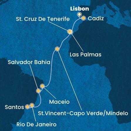 Portugalsko, Španielsko, Kapverdy, Brazília z Lisabonu na lodi Costa Diadema