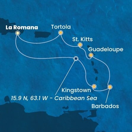 Dominikánska republika, Svätý Vincent a Grenadiny, Barbados, Guadeloupe, Svätý Krištof a Nevis, Britské Panenské ostrovy z La Romany na lodi Costa Pacifica