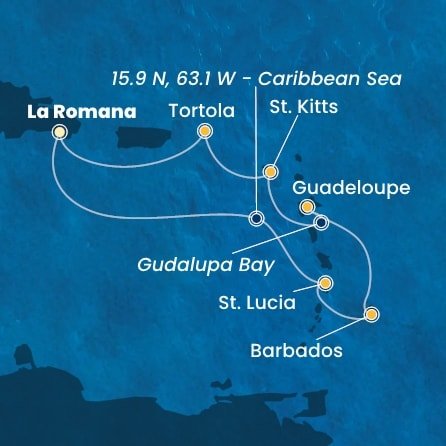 Dominikánska republika, Svätá Lucia, Barbados, Guadeloupe, Francúzsko, Svätý Krištof a Nevis, Britské Panenské ostrovy z La Romany na lodi Costa Pacifica