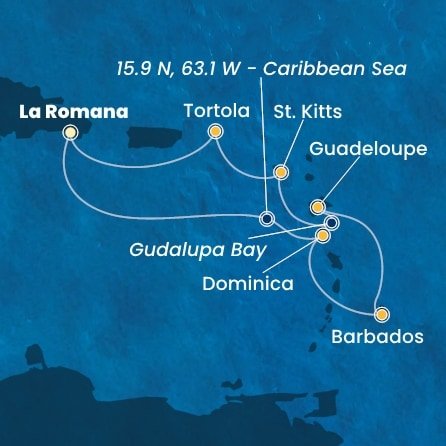 Dominikánska republika, Dominika, Barbados, Guadeloupe, Svätý Krištof a Nevis, Britské Panenské ostrovy z La Romany na lodi Costa Pacifica