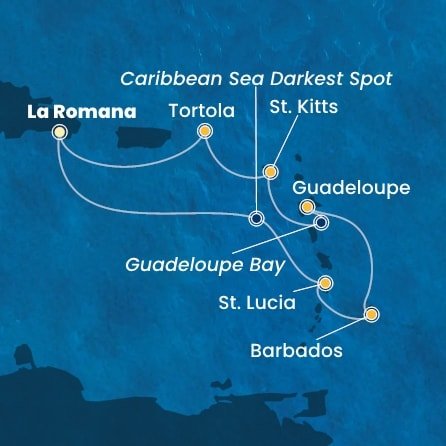 Dominikánska republika, Svätá Lucia, Barbados, Guadeloupe, Svätý Krištof a Nevis, Britské Panenské ostrovy z La Romany na lodi Costa Fascinosa