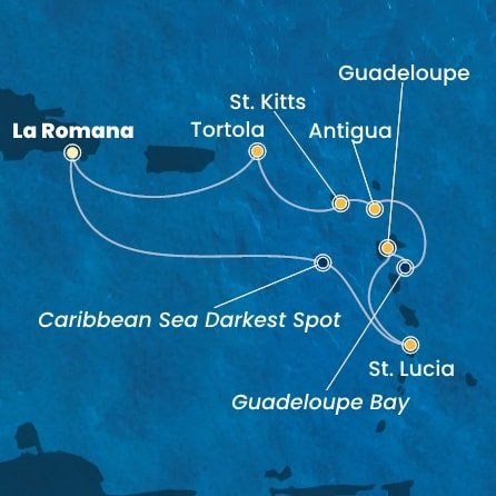 Dominikánska republika, Svätá Lucia, Guadeloupe, Antigua a Barbuda, Svätý Krištof a Nevis, Britské Panenské ostrovy z La Romany na lodi Costa Fascinosa