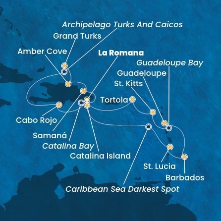 Dominikánska republika, Svätá Lucia, Barbados, Guadeloupe, Svätý Krištof a Nevis, Britské Panenské ostrovy, Veľká Británia z La Romany na lodi Costa Pacifica