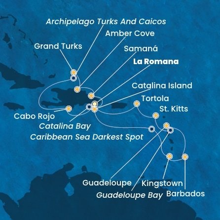 Dominikánska republika, Svätý Vincent a Grenadiny, Barbados, Guadeloupe, Svätý Krištof a Nevis, Britské Panenské ostrovy, Veľká Británia z La Romany na lodi Costa Pacifica