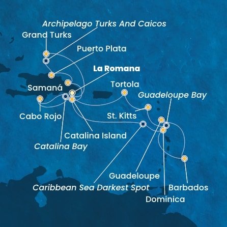 Dominikánska republika, Dominika, Barbados, Guadeloupe, Svätý Krištof a Nevis, Britské Panenské ostrovy, Veľká Británia z La Romany na lodi Costa Pacifica