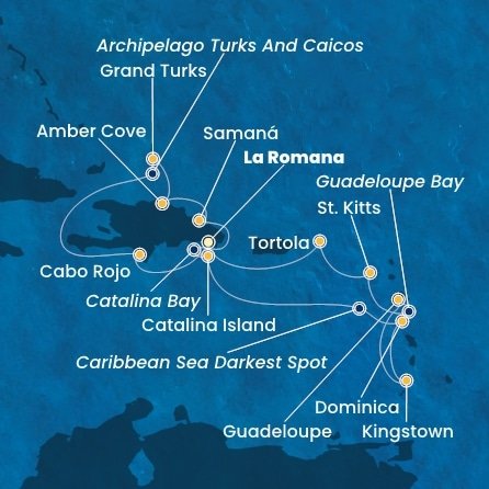 Dominikánska republika, Veľká Británia, Dominika, Svätý Vincent a Grenadiny, Guadeloupe, Svätý Krištof a Nevis, Britské Panenské ostrovy z La Romany na lodi Costa Pacifica