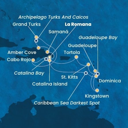 Dominikánska republika, Dominika, Svätý Vincent a Grenadiny, Guadeloupe, Svätý Krištof a Nevis, Britské Panenské ostrovy, Veľká Británia z La Romany na lodi Costa Pacifica