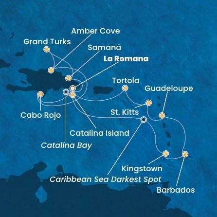 Dominikánska republika, Svätý Vincent a Grenadiny, Barbados, Guadeloupe, Svätý Krištof a Nevis, Britské Panenské ostrovy, Veľká Británia z La Romany na lodi Costa Pacifica