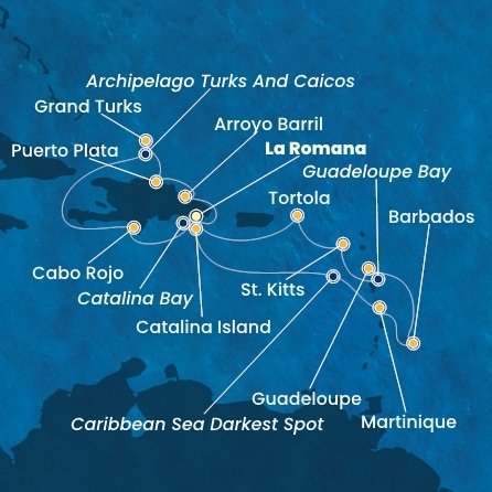 Dominikánska republika, Martinik, Barbados, Guadeloupe, Svätý Krištof a Nevis, Britské Panenské ostrovy, Veľká Británia z La Romany na lodi Costa Fascinosa