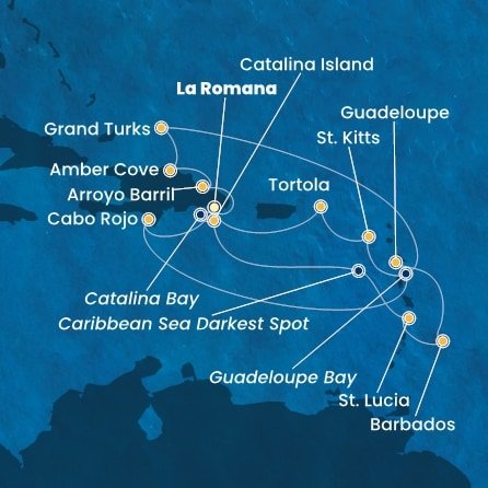 Dominikánska republika, Svätá Lucia, Barbados, Guadeloupe, Svätý Krištof a Nevis, Britské Panenské ostrovy, Veľká Británia z La Romany na lodi Costa Fascinosa