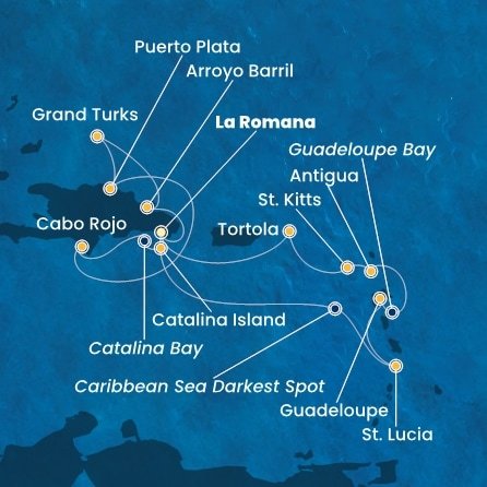 Dominikánska republika, Svätá Lucia, Guadeloupe, Antigua a Barbuda, Svätý Krištof a Nevis, Britské Panenské ostrovy, Veľká Británia z La Romany na lodi Costa Fascinosa