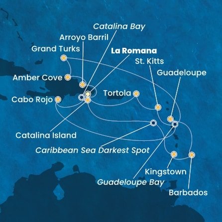 Dominikánska republika, Veľká Británia, Svätý Vincent a Grenadiny, Barbados, Guadeloupe, Svätý Krištof a Nevis, Britské Panenské ostrovy z La Romany na lodi Costa Fascinosa