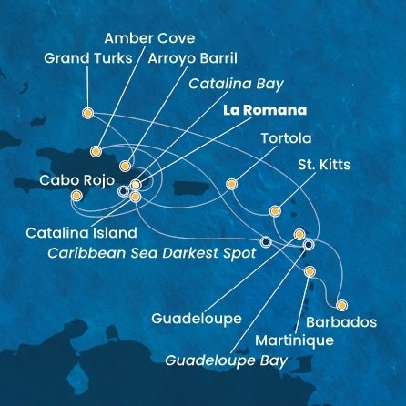 Dominikánska republika, Veľká Británia, Martinik, Barbados, Guadeloupe, Svätý Krištof a Nevis, Britské Panenské ostrovy z La Romany na lodi Costa Fascinosa