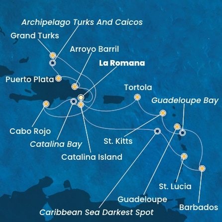 Dominikánska republika, Svätá Lucia, Barbados, Guadeloupe, Svätý Krištof a Nevis, Britské Panenské ostrovy, Veľká Británia z La Romany na lodi Costa Fascinosa