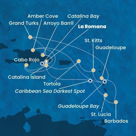 Dominikánska republika, Svätá Lucia, Barbados, Guadeloupe, Svätý Krištof a Nevis, Britské Panenské ostrovy, Veľká Británia z La Romany na lodi Costa Fascinosa
