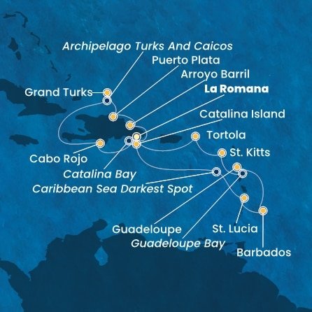 Dominikánska republika, Veľká Británia, Svätá Lucia, Barbados, Guadeloupe, Svätý Krištof a Nevis, Britské Panenské ostrovy z La Romany na lodi Costa Fascinosa