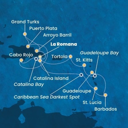 Dominikánska republika, Veľká Británia, Svätá Lucia, Barbados, Guadeloupe, Svätý Krištof a Nevis, Britské Panenské ostrovy z La Romany na lodi Costa Fascinosa