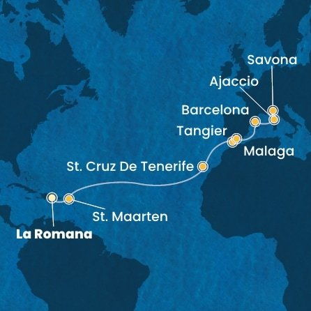 Dominikánska republika, Svatý Martin, Španielsko, Maroko, Francúzsko, Taliansko z La Romany na lodi Costa Fascinosa