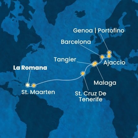 Dominikánska republika, Svatý Martin, Španielsko, Maroko, Francúzsko, Taliansko z La Romany na lodi Costa Fascinosa