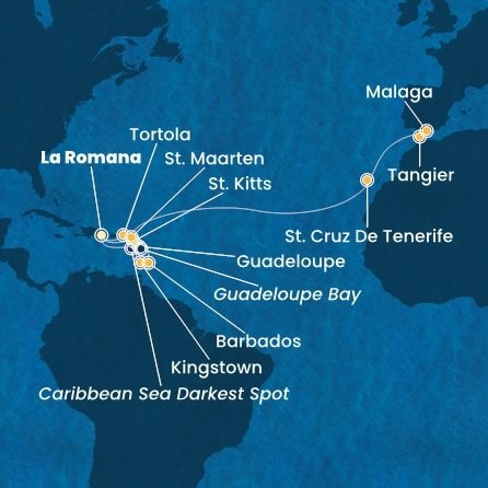 Dominikánska republika, Svätý Vincent a Grenadiny, Barbados, Guadeloupe, Svätý Krištof a Nevis, Britské Panenské ostrovy, Svatý Martin, Španielsko, Maroko z La Romany na lodi Costa Fascinosa