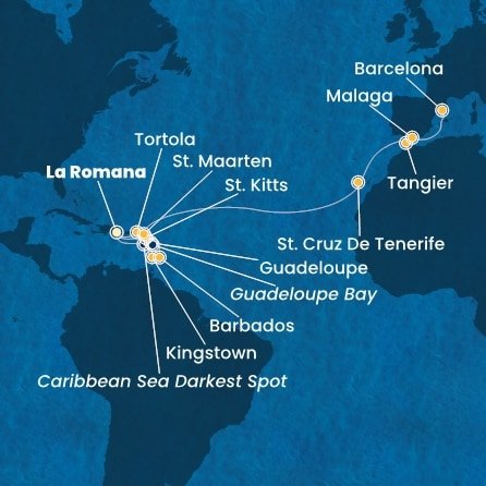 Dominikánska republika, Svätý Vincent a Grenadiny, Barbados, Guadeloupe, Svätý Krištof a Nevis, Britské Panenské ostrovy, Svatý Martin, Španielsko, Maroko z La Romany na lodi Costa Fascinosa