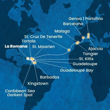 Dominikánska republika, Svätý Vincent a Grenadiny, Barbados, Guadeloupe, Svätý Krištof a Nevis, Britské Panenské ostrovy, Svatý Martin, Španielsko, Maroko, Francúzsko, Taliansko z La Romany na lodi Costa Fascinosa