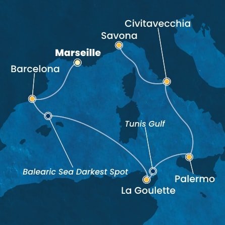 Francúzsko, Španielsko, Tunisko, Taliansko z Marseille na lodi Costa Smeralda