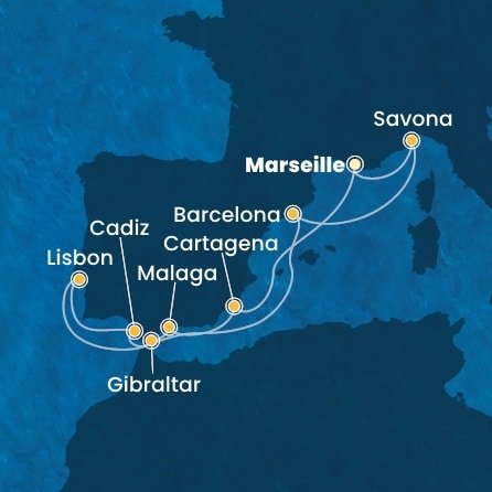 Francúzsko, Taliansko, Španielsko, Portugalsko, Gibraltár z Marseille na lodi Costa Diadema