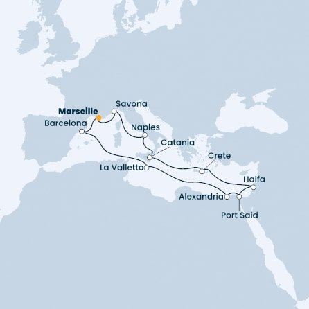 Francúzsko, Taliansko, Grécko, Izrael, Egypt, Malta, Španielsko z Marseille na lodi Costa Pacifica