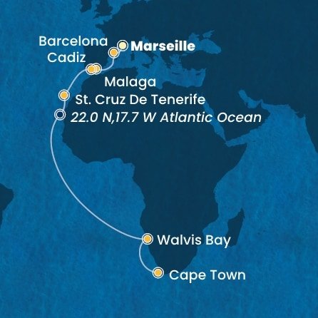 Francúzsko, Španielsko, Namíbia, Juhoafrická republika z Marseille na lodi Costa Toscana