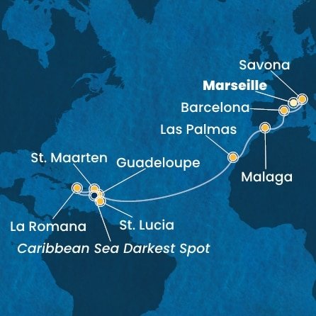 Francúzsko, Taliansko, Španielsko, Guadeloupe, Svatý Martin, Dominikánska republika, Svätá Lucia z Marseille na lodi Costa Fascinosa