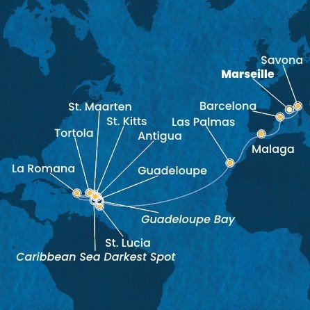Francúzsko, Taliansko, Španielsko, Guadeloupe, Svatý Martin, Dominikánska republika, Svätá Lucia, Antigua a Barbuda, Svätý Krištof a Nevis, Britské Panenské ostrovy z Marseille na lodi Costa Fascinosa