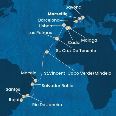 Francúzsko, Taliansko, Španielsko, Portugalsko, Kapverdy, Brazília z Marseille na lodi Costa Diadema