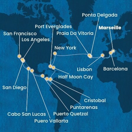 Francúzsko, Španielsko, Portugalsko, z Praia da Vitória, USA, Bahamy, Panama, Kostarika, Guatemala, Mexiko z Marseille na lodi Costa Deliziosa