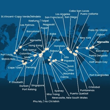 Francúzsko, Španielsko, Portugalsko, z Praia da Vitória, USA, Bahamy, Panama, Kostarika, Guatemala, Mexiko, Francouzská Polynésie, Fiji, Nová Kaledonie, Austrália, Papua Nová Guinea, Japonsko, Južná Kórea, Tchaj-wan, Čína, Vietnam, Thajsko, Singapur, Malajzia, Srí Lanka, Maledivy, Maurícius, Juhoafrická republika, Namíbia, Kapverdy z Marseille na lodi Costa Deliziosa