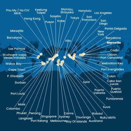 Francúzsko, Španielsko, Portugalsko, USA, Bahamy, Panama, Kostarika, Guatemala, Mexiko, Samoa, Fiji, Tonga, Nový Zéland, Austrália, Papua Nová Guinea, Japonsko, Južná Kórea, Tchaj-wan, Čína, Vietnam, Singapur, Malajzia, Thajsko, Srí Lanka, Maledivy, Maurícius, Juhoafrická republika, Namíbia, Kapverdy z Marseille na lodi Costa Deliziosa