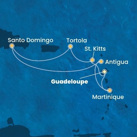 Guadeloupe, Svätý Krištof a Nevis, Britské Panenské ostrovy, Dominikánska republika, Antigua a Barbuda, Martinik z Pointe-à-Pitre na lodi Costa Favolosa