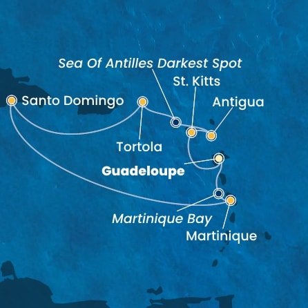 Guadeloupe, Svätý Krištof a Nevis, Antigua a Barbuda, Britské Panenské ostrovy, Dominikánska republika, Martinik z Pointe-à-Pitre na lodi Costa Favolosa